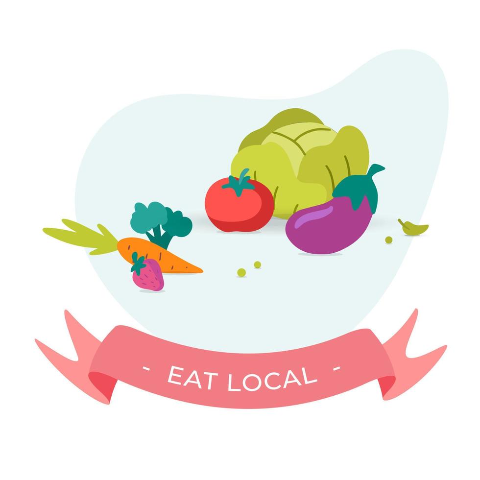 Vector Eat Local food design concept poster. Delivery Healthy Organic food cute illustration. Carrot, tomato, salad. square abstract poster art with pink ribbon.