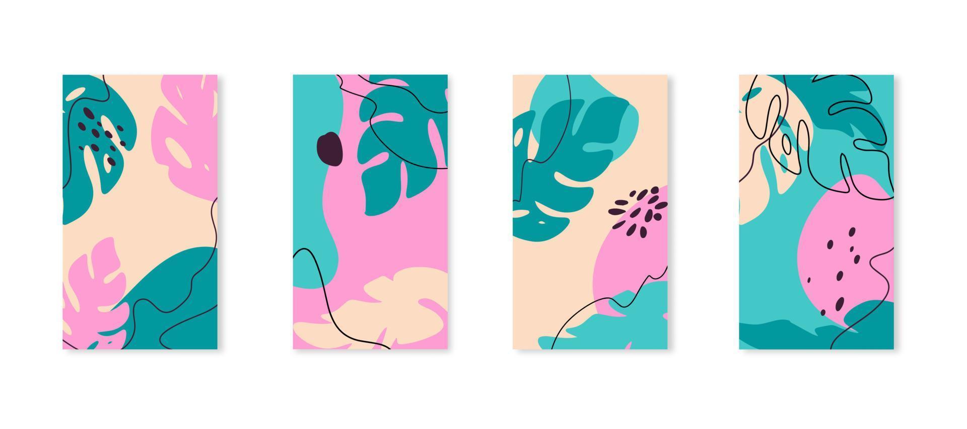 plantilla de historia de instagram de verano de vector colorido brillante. hojas tropicales con línea abstracta y puntos dibujados a mano. redes sociales, aplicaciones móviles e ilustración del concepto de comunicación.