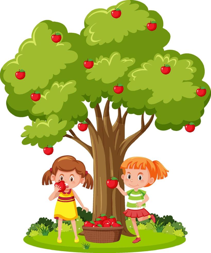 niños cosechando manzana roja del árbol vector