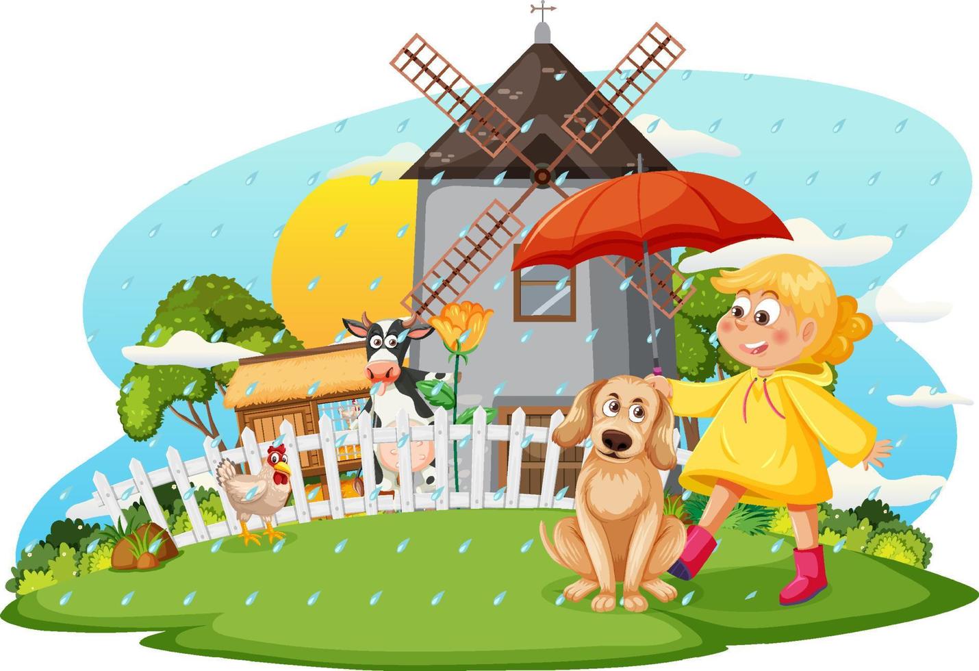 Isolated farm scene with a girl wearing raincoat vector