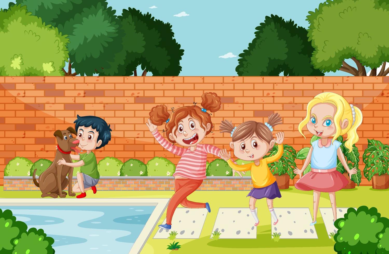 Children doing activities at backyard vector