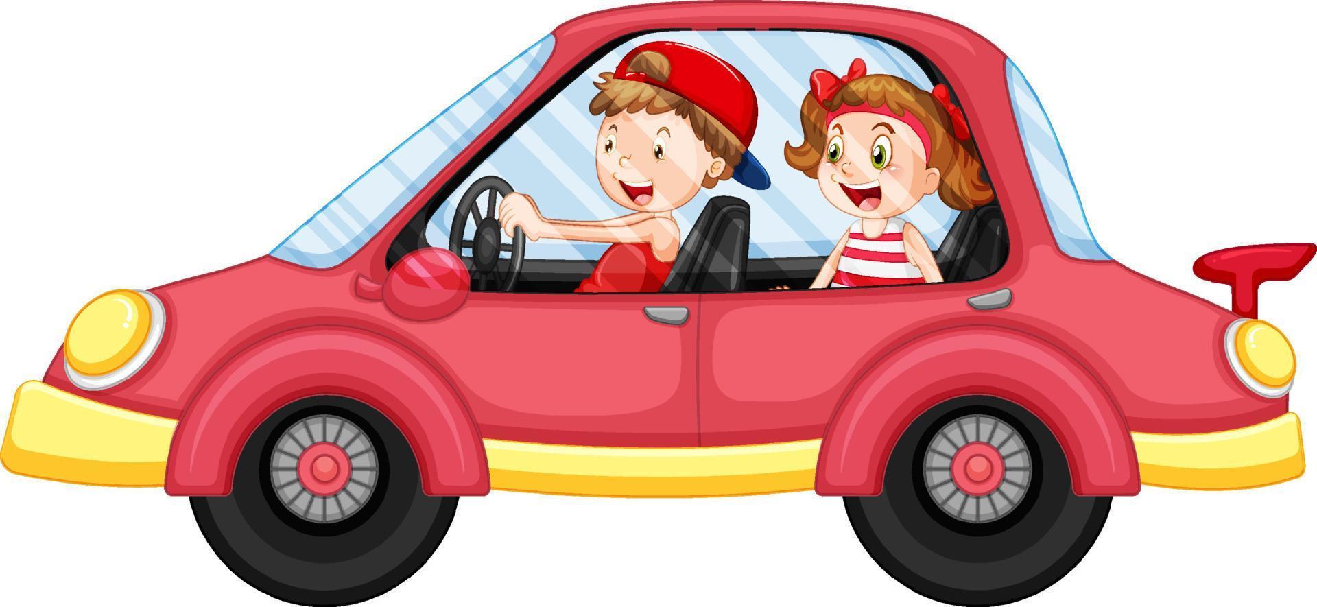 Kids in a red car in cartoon style vector