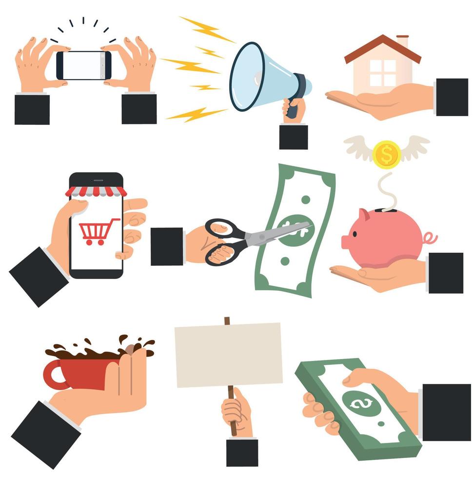 Hands holding business objects set vector