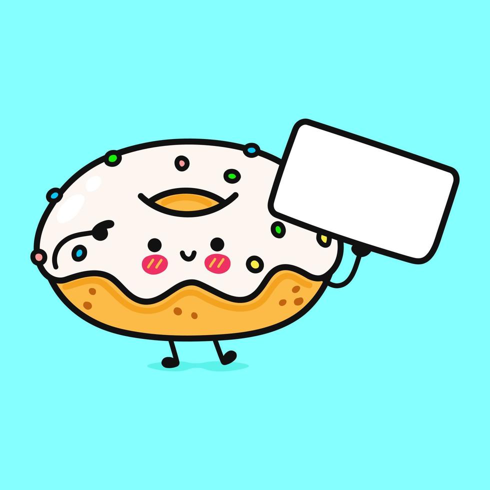 lindo donut divertido con póster. icono de ilustración de personaje kawaii de dibujos animados dibujados a mano vectorial. aislado sobre fondo blanco. donut pensar concepto vector