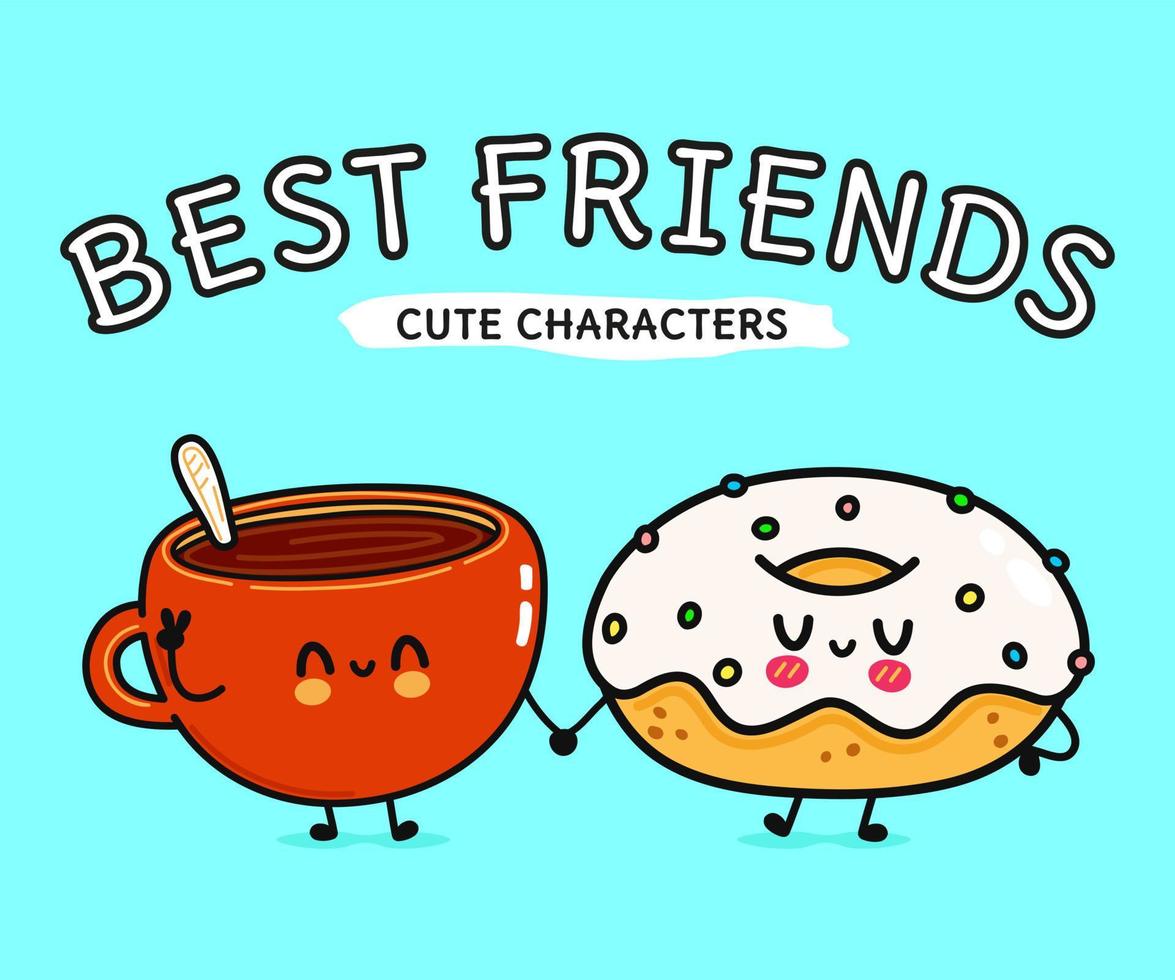 Cute, funny happy cup of coffee and donut character. Vector hand drawn cartoon kawaii characters, illustration icon. Funny cartoon cup of coffee and pink donut friends concept