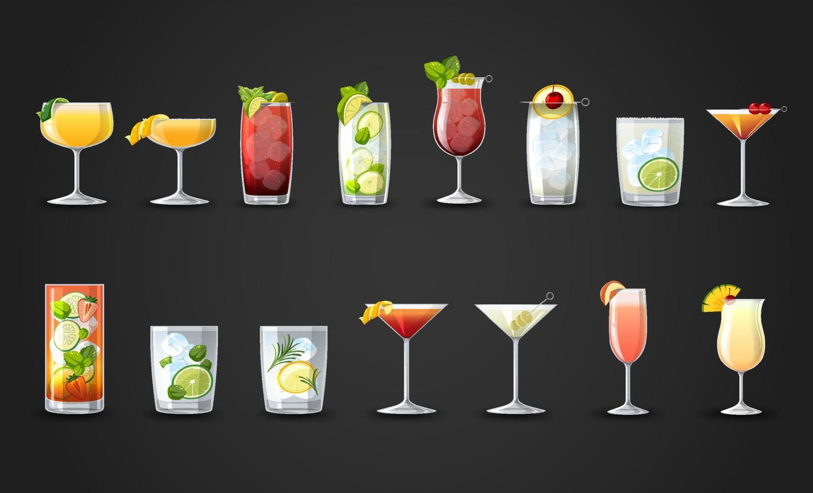 Different cocktails in the glasses set cartoon vector