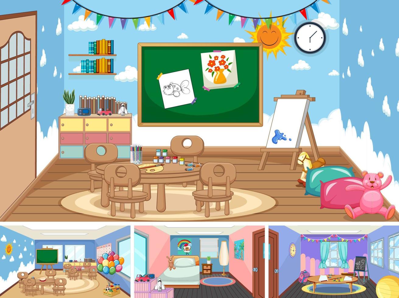 Set of different kindergarten classroom scenes vector