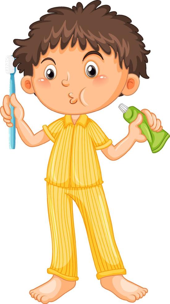 niño en pijama con cepillo de dientes y pasta de dientes vector