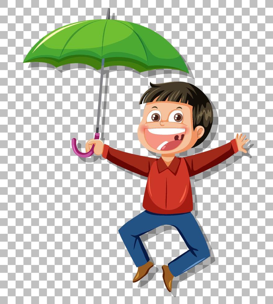 A boy holding umbrella laughing on grid background vector