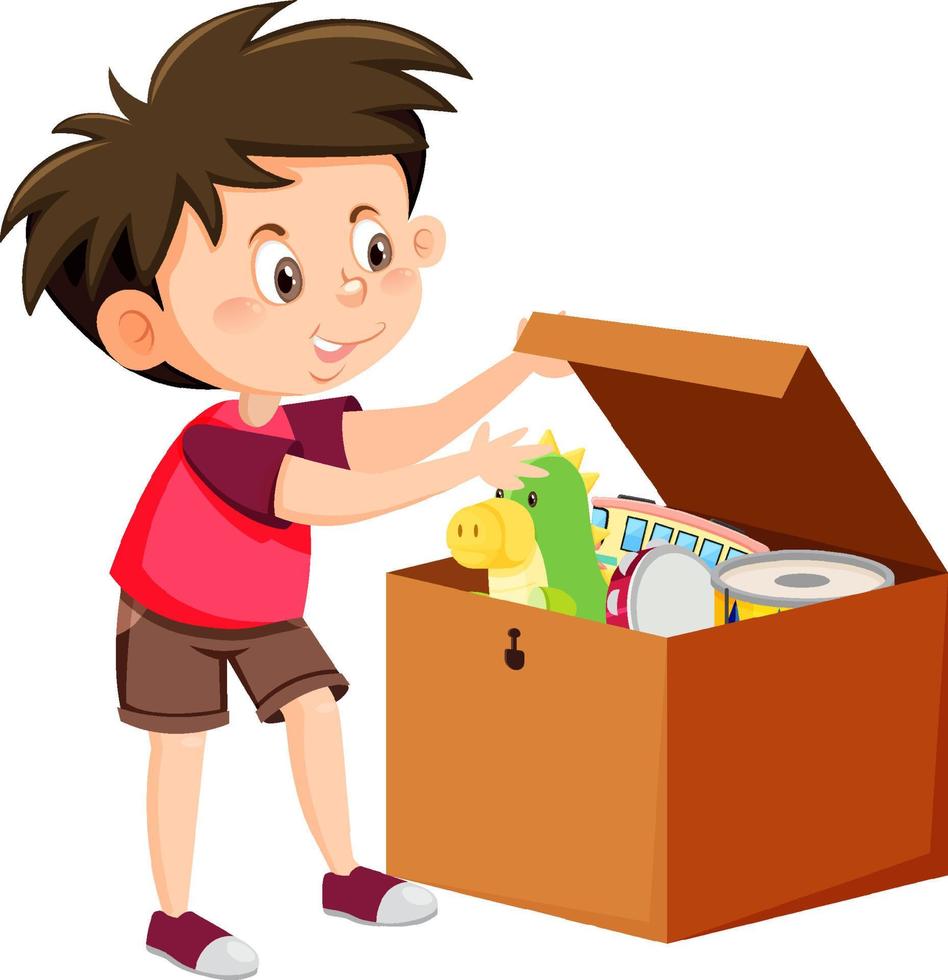 A boy putting his toy into the box vector