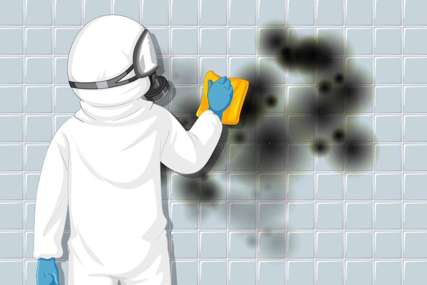 Man in protective hazmat suit cleaning mold on the wall vector