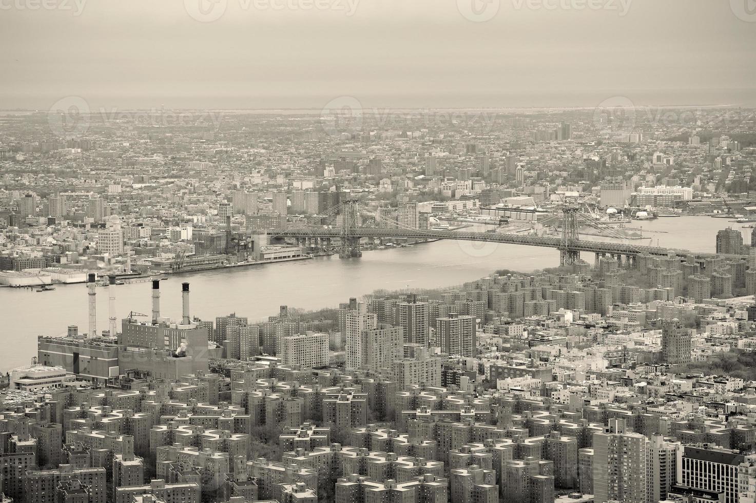 Brooklyn skyline Arial view from New York City Manhattan black and white photo
