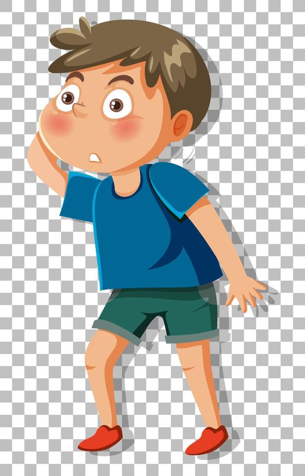 A shy boy cartoon character on grid background vector
