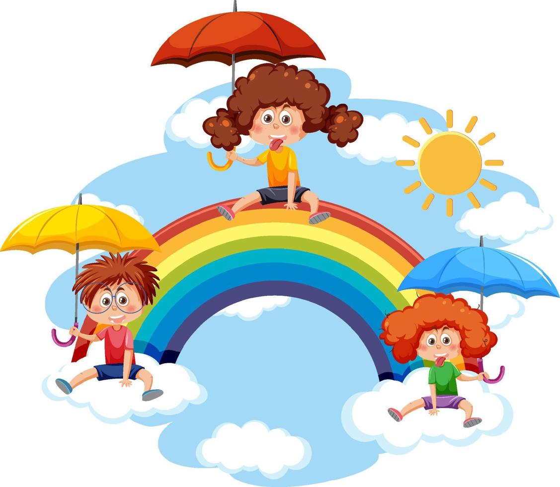 Three kids holding umbrella in the sky vector