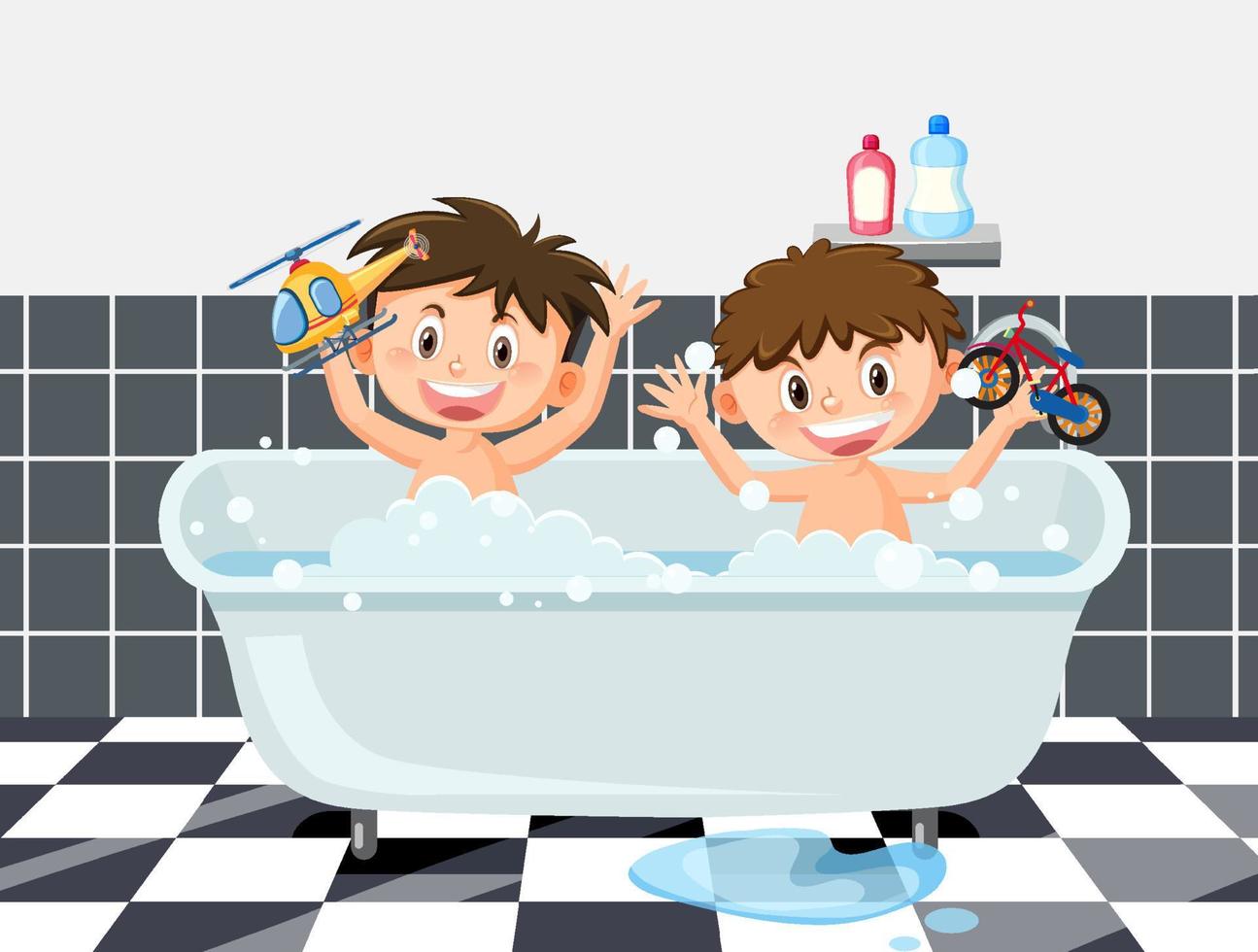 Two kids in bathtub in cartoon style vector