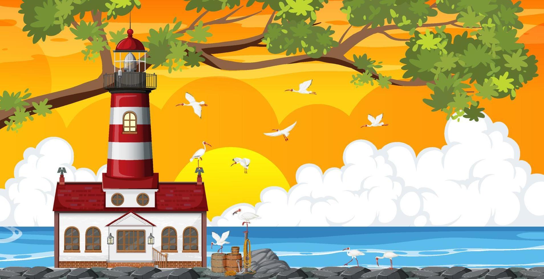 Sunset background with lighthouse on coast vector