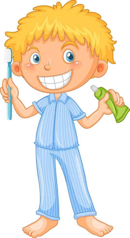 Boy in pyjamas holding toothbrush and toothpaste vector