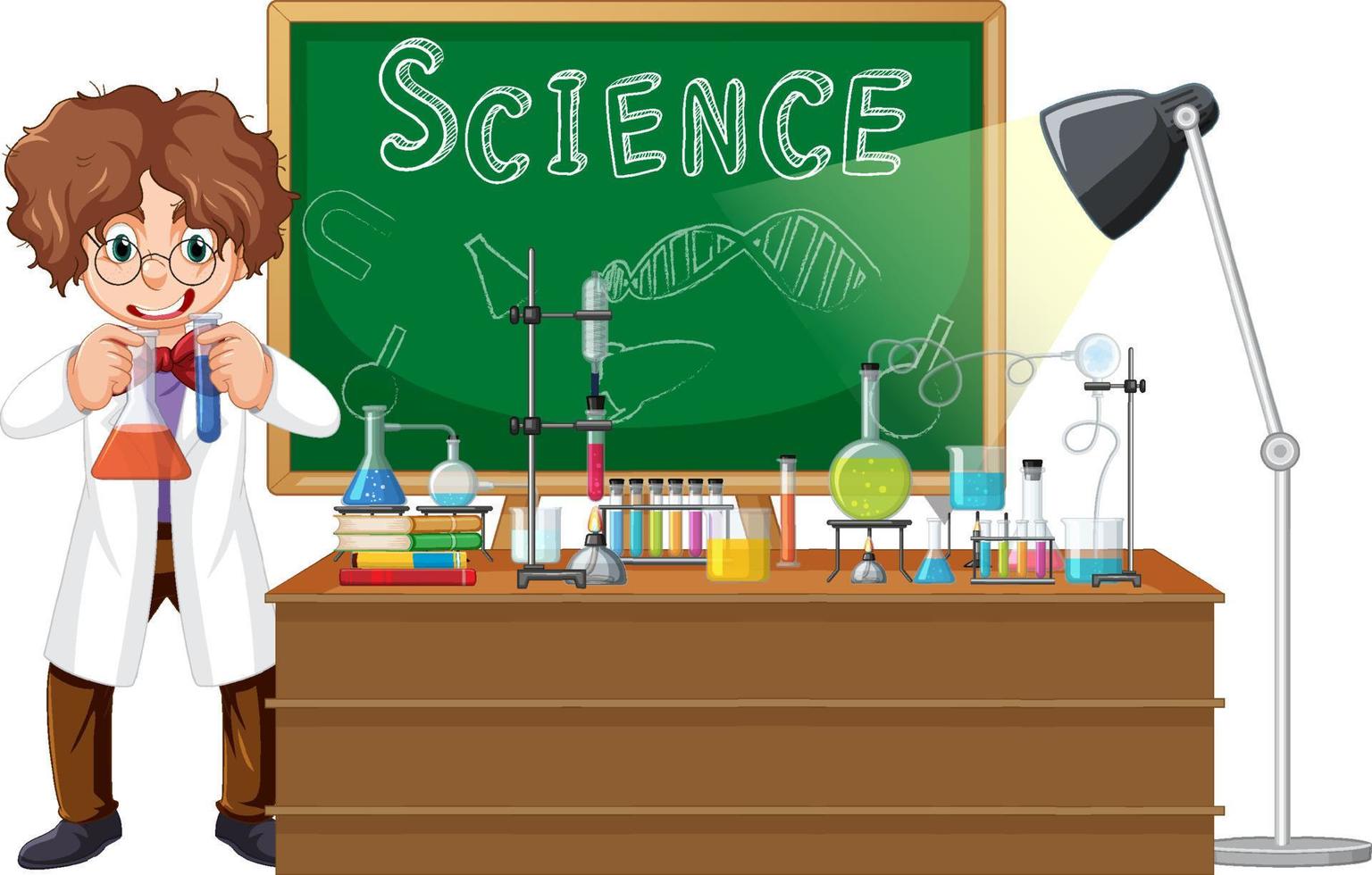 personaje de dibujos animados científico con objetos de laboratorio de  ciencias 8334619 Vector en Vecteezy