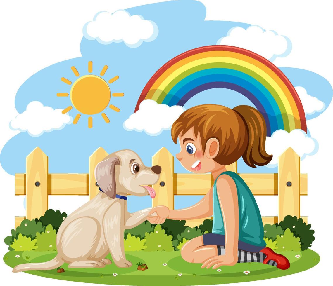 A girl playing with her dog vector