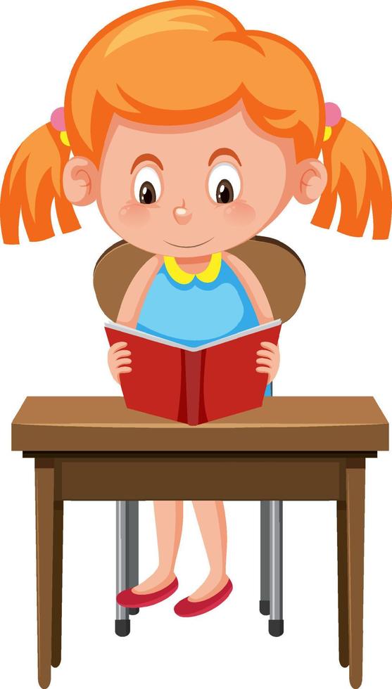 Girl reading book on school desk vector