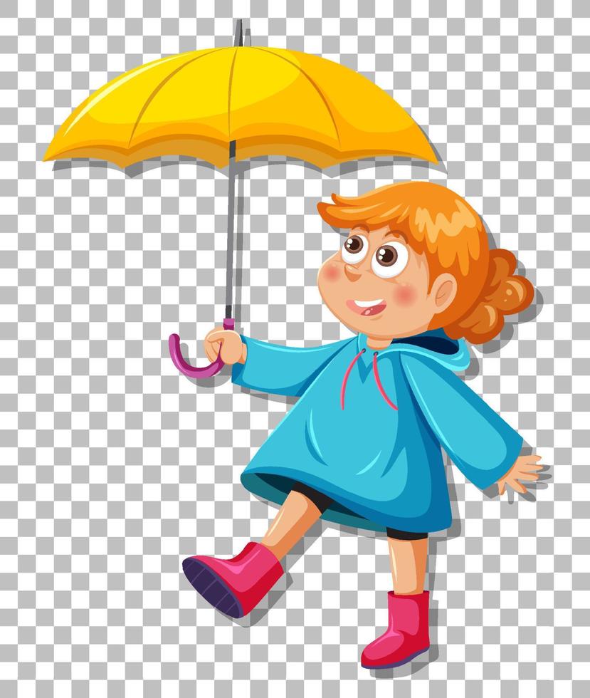 una chica con impermeable azul con fondo de rejilla de paraguas vector