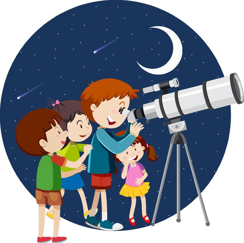 niños felices observan el cielo nocturno con telescopio vector