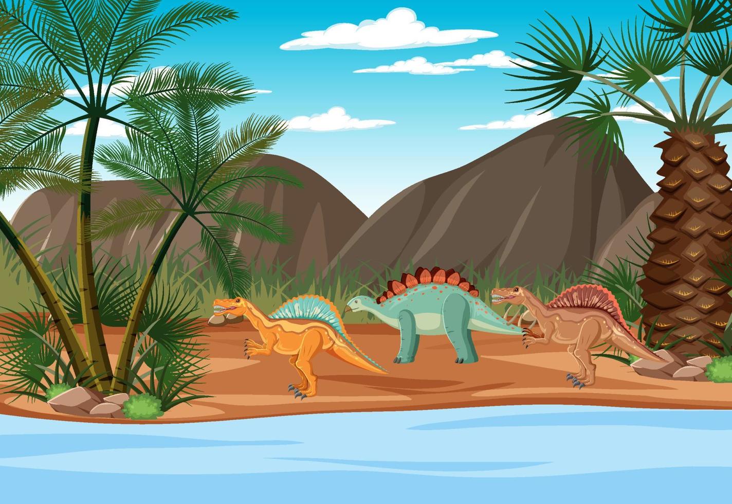 dinosaurio en la escena del bosque prehistórico vector