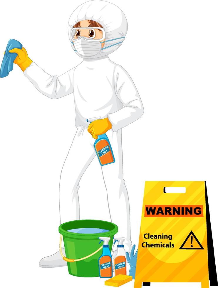 Man in protective hazmat suit with cleaning chemicals sign vector