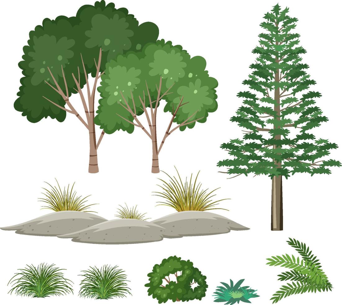 conjunto de árboles aislados y objetos de la naturaleza vector