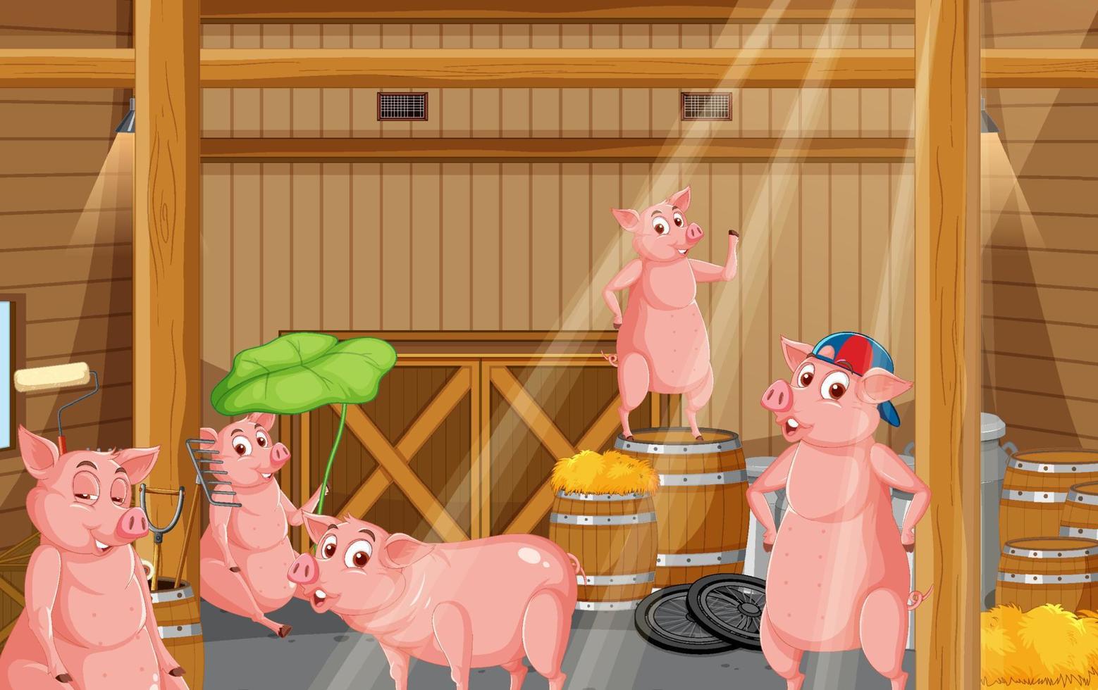 Barn indoor scene with farm animals vector
