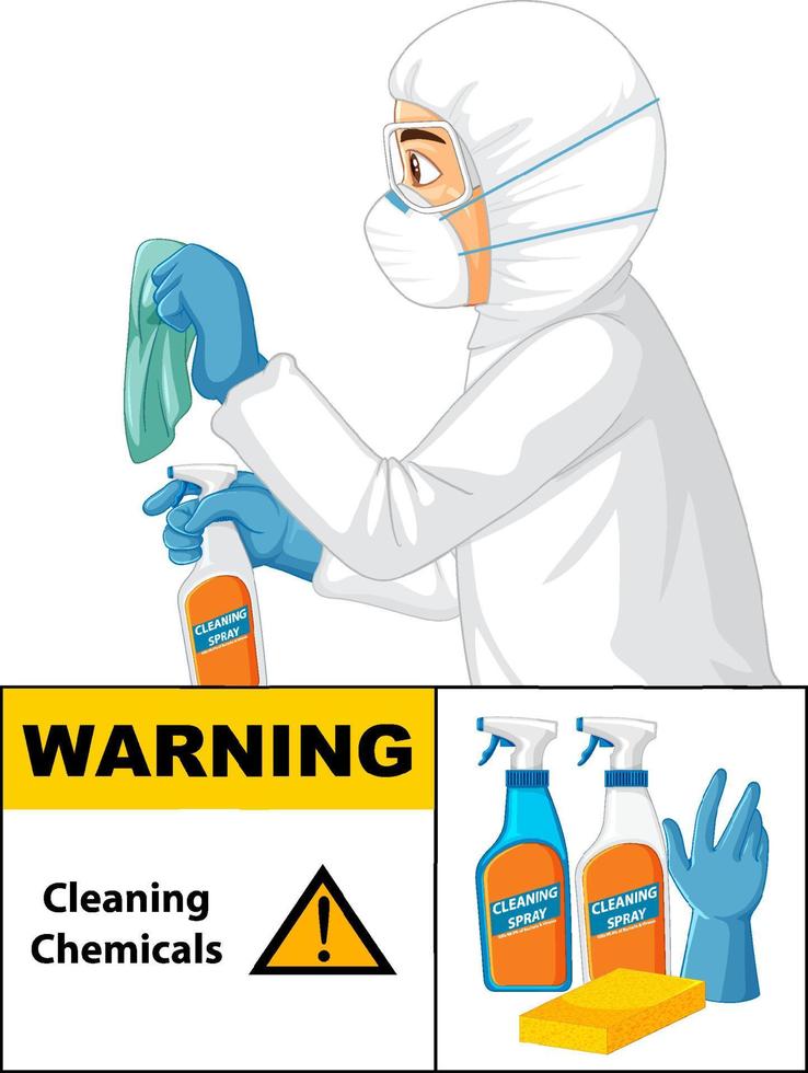 Man in protective hazmat suit with warning cleaning chemicals sign vector