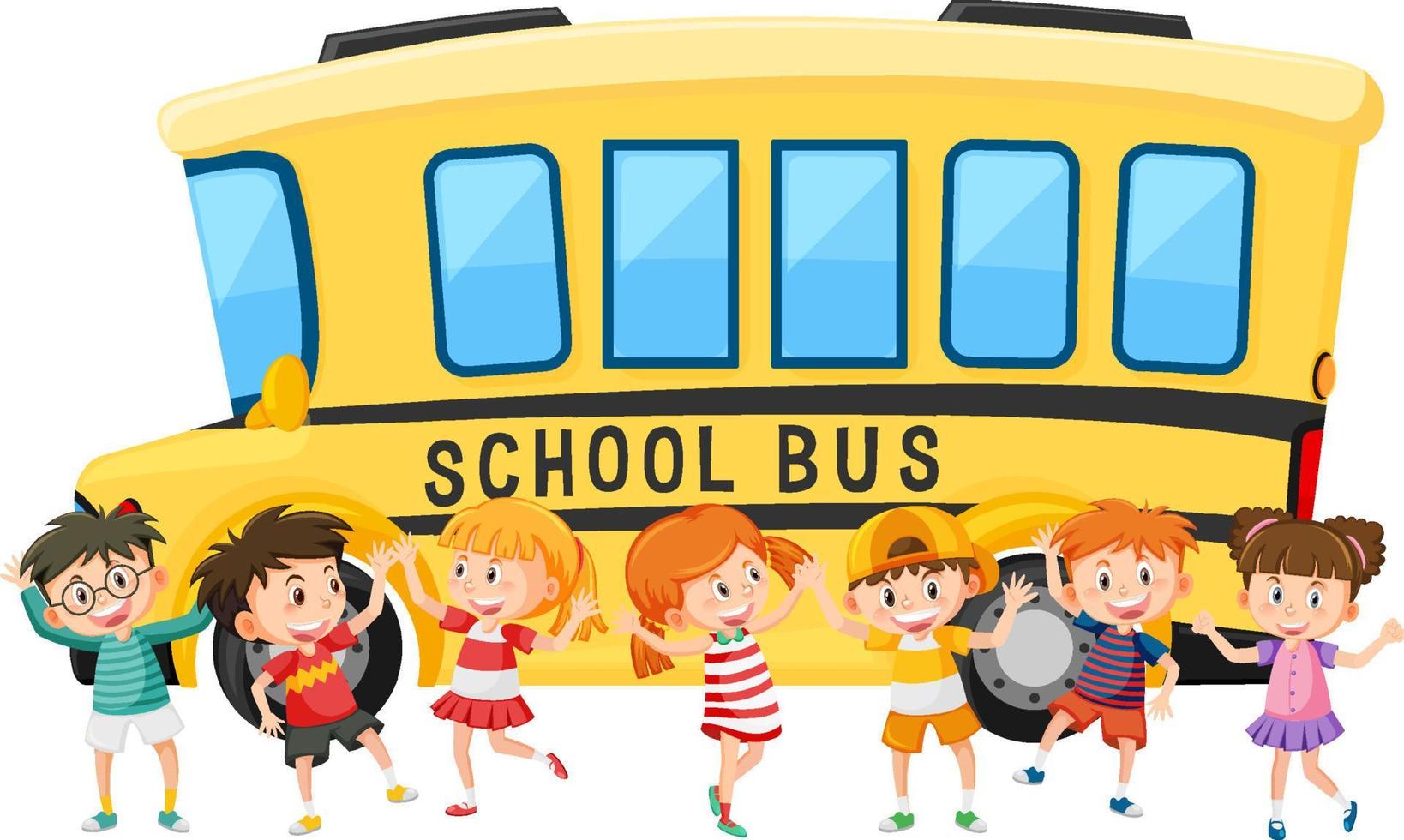 Group of happy children and school bus vector