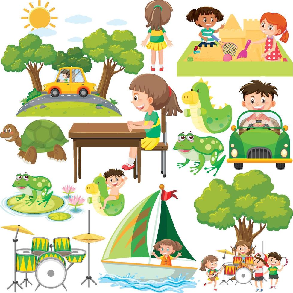 Set of different objects in green vector