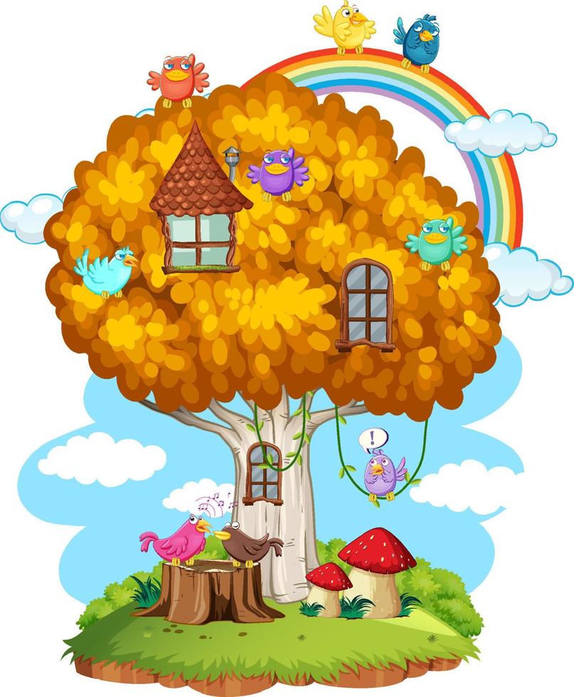 Fairy tree house with many birds vector