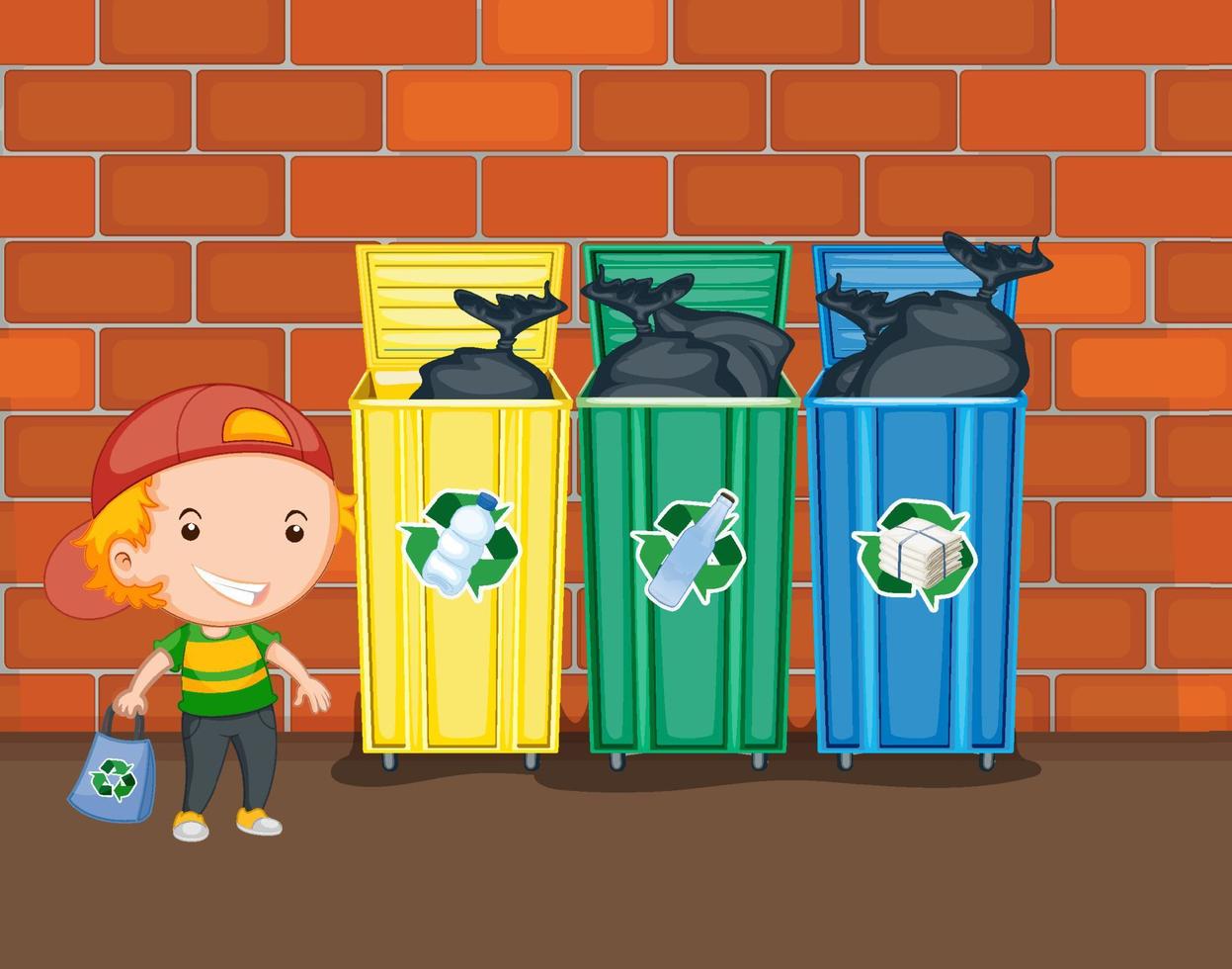 Little boy standing beside recycling bins vector