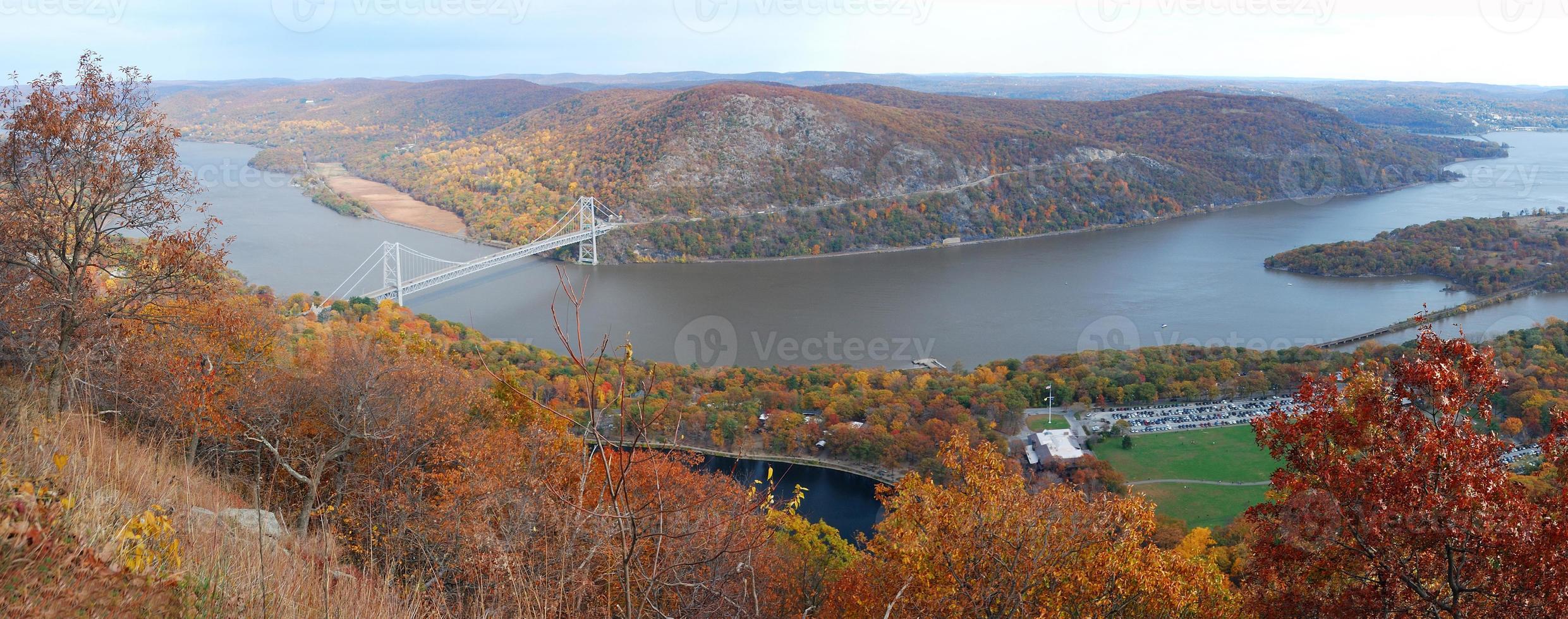 Autumn Mountain aerial view panorama with bridge photo