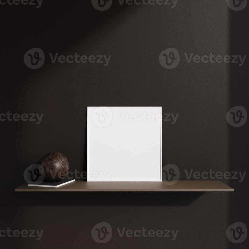 Minimalist square white poster or photo frame in modern living room wall interior design with decoration and shadow. 3d rendering.