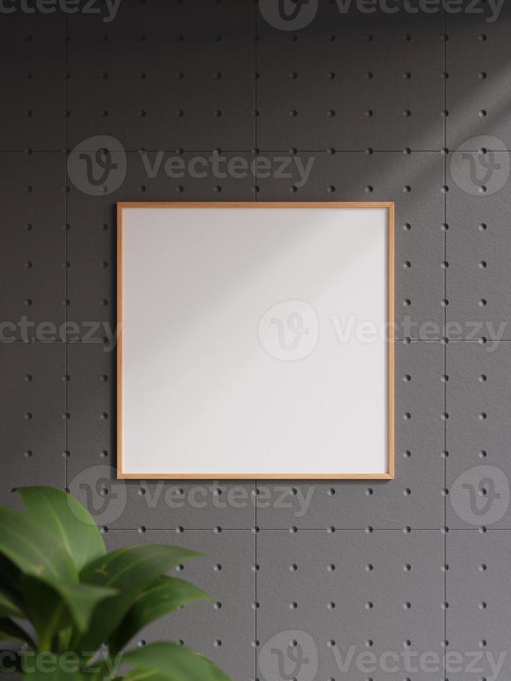 Minimalist square wooden poster or photo frame in industrial wall room interior design with plant and shadow. 3d rendering.