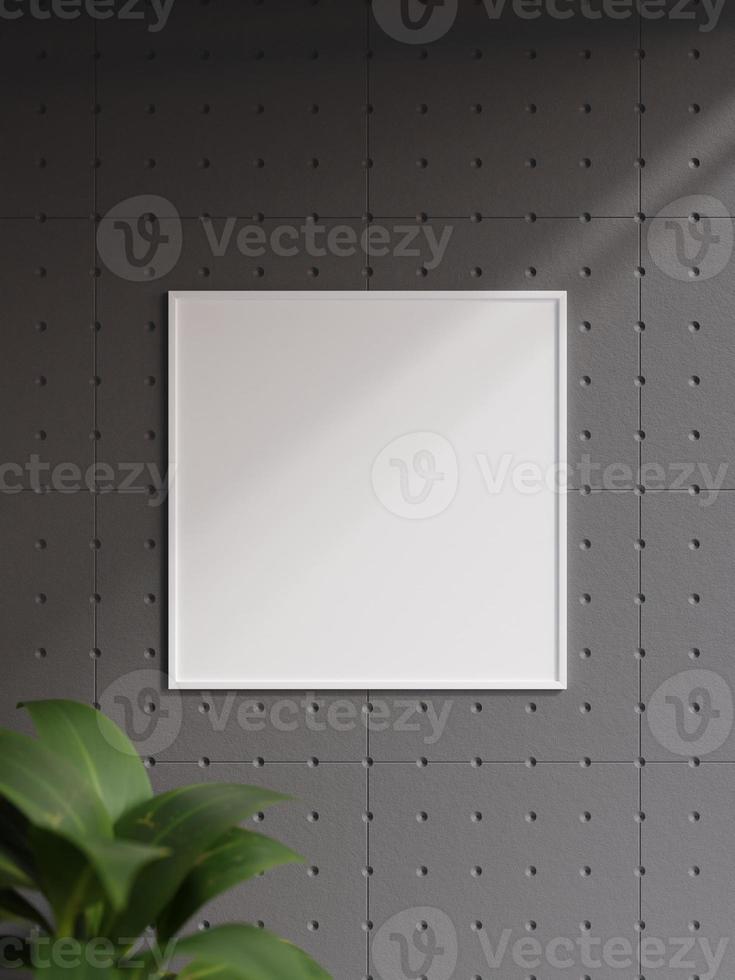 Minimalist square white poster or photo frame in industrial wall room interior design with plant and shadow. 3d rendering.