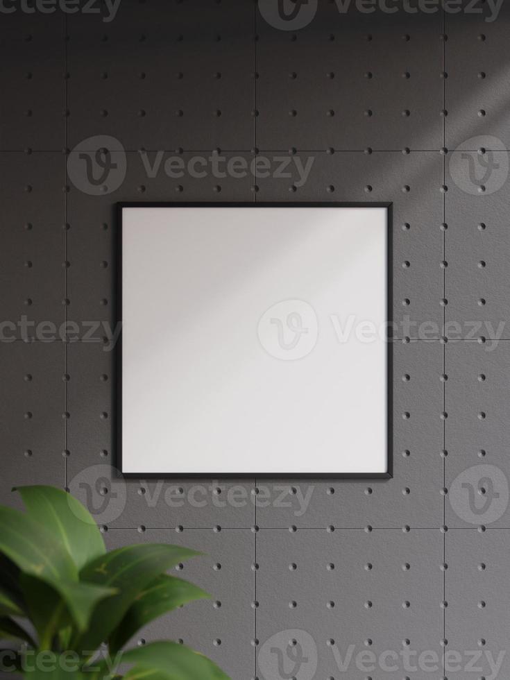 Minimalist square black poster or photo frame in industrial wall room interior design with plant and shadow. 3d rendering.