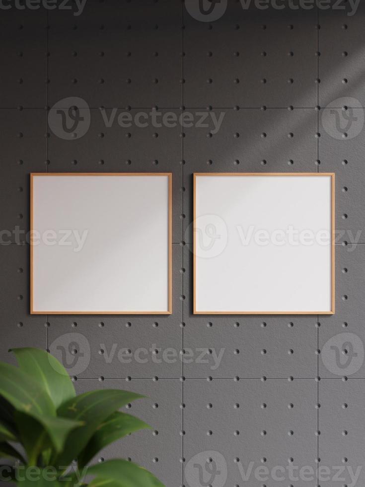 Minimalist square wooden poster or photo frame in industrial wall room interior design with plant and shadow. 3d rendering.