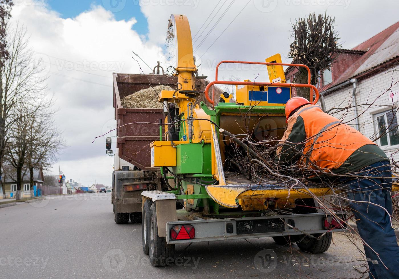 Worker putting tree branches into a chipper truck. photo