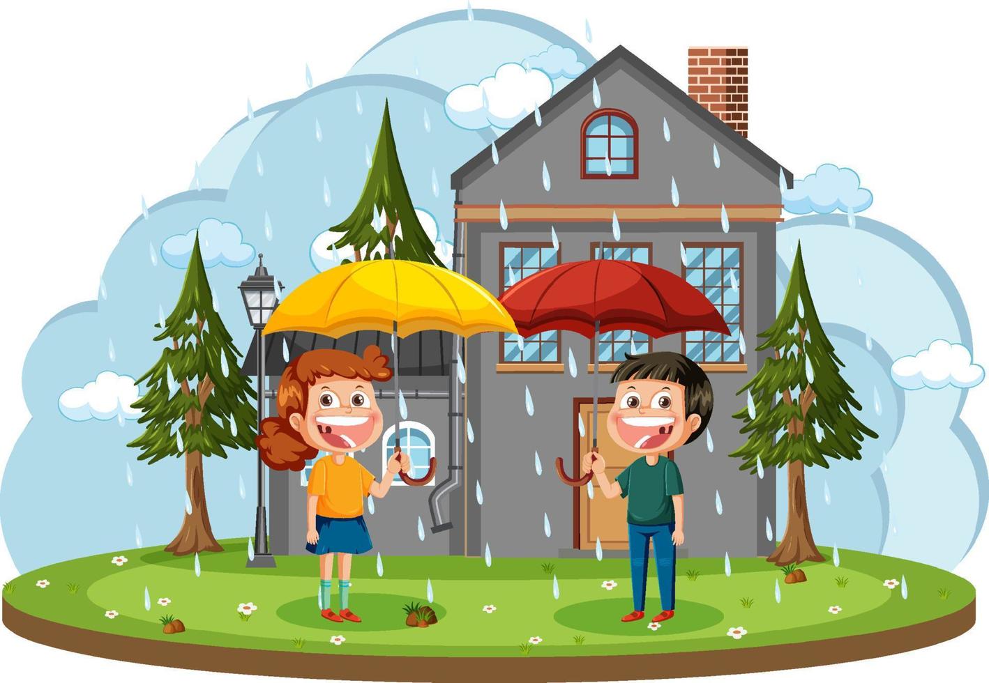 Rainy day with children holding umbrella vector