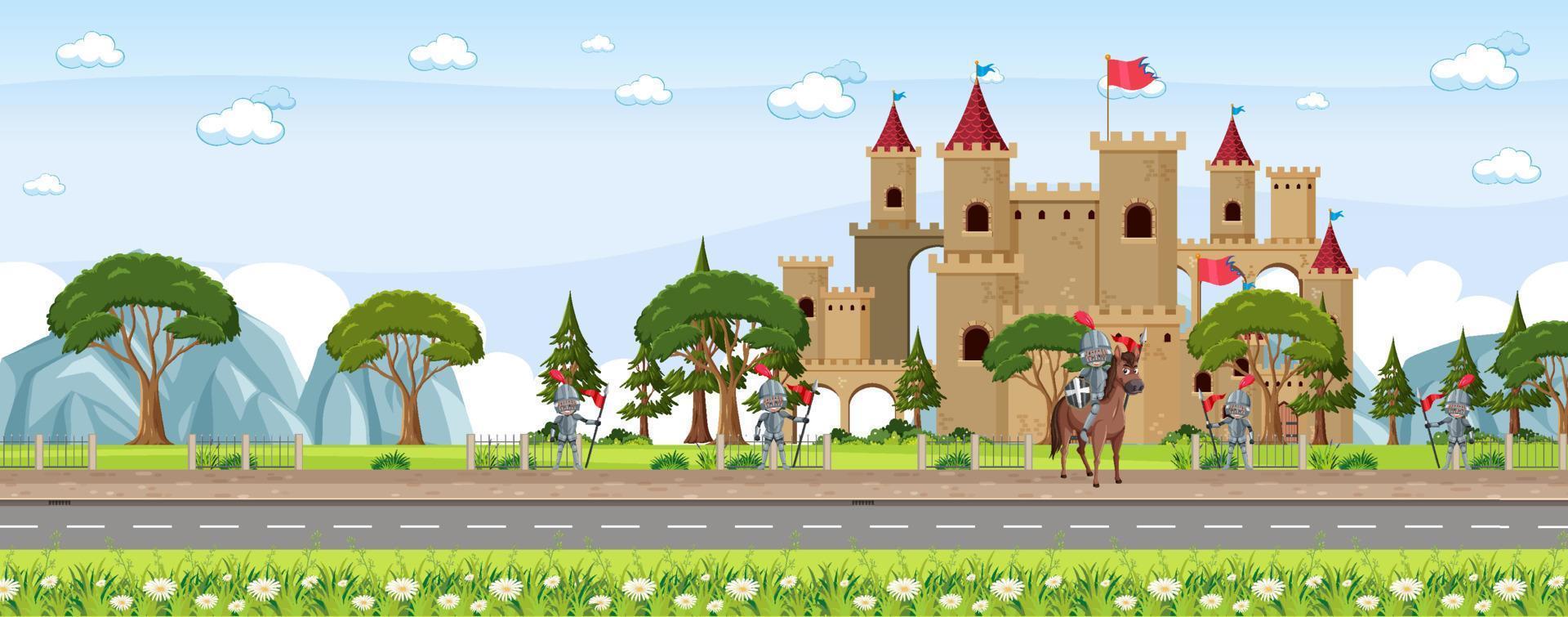 escena de la ciudad medieval con aldeanos y castillo vector