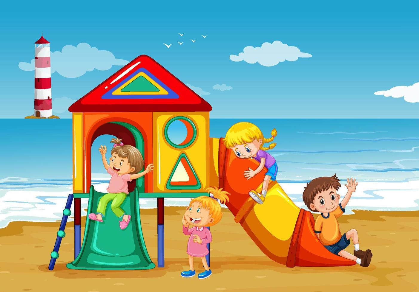 parque infantil en la playa con niños felices vector