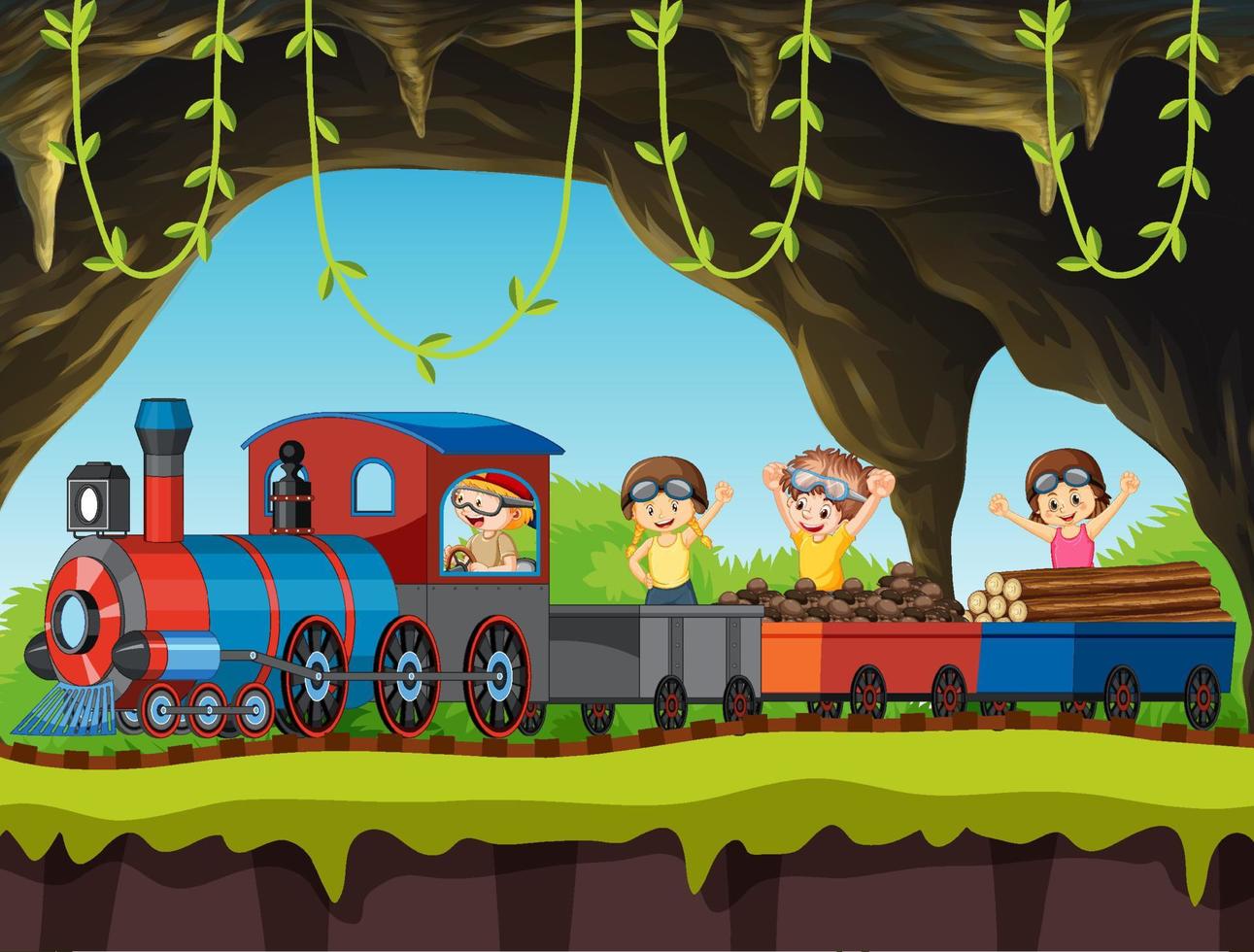 niños viajando en tren a través de la cueva vector