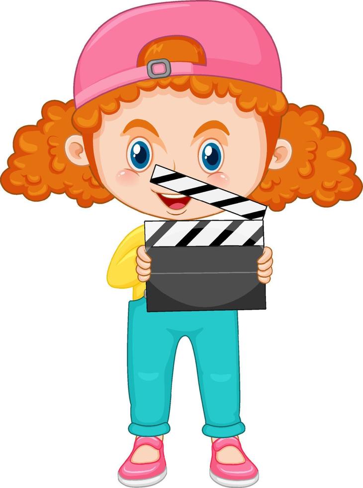 Cute girl cartoon character with curly pigtail hair holding film slate vector