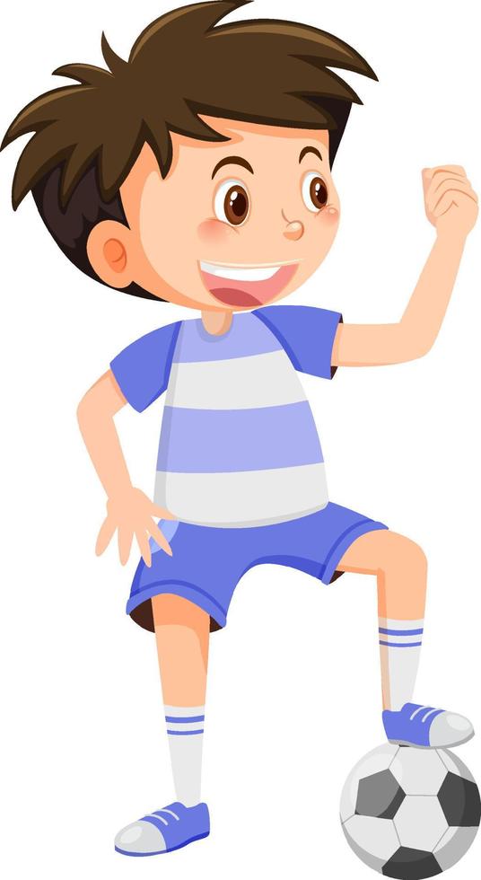 lindo, niño, juego, fútbol, caricatura vector