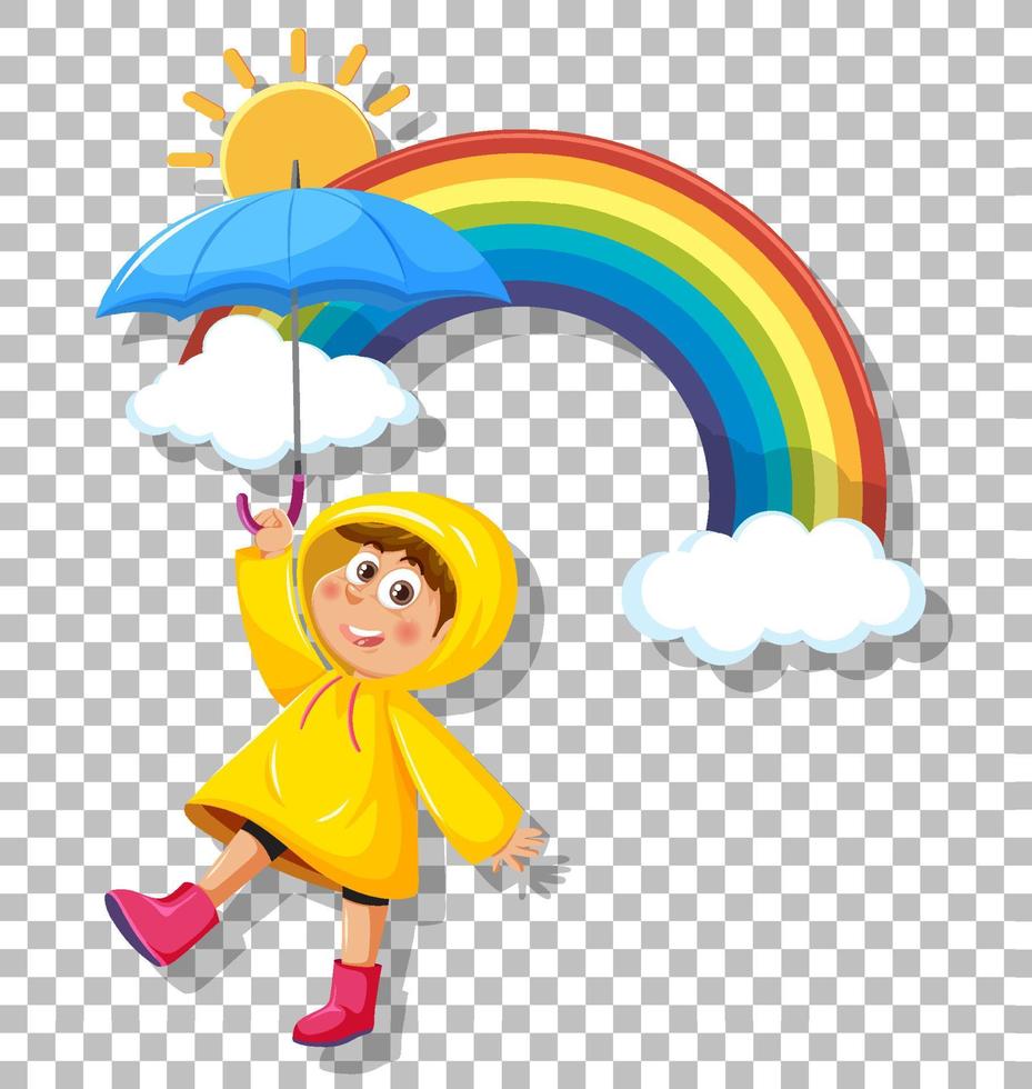 un niño con impermeable amarillo con fondo de rejilla de paraguas vector