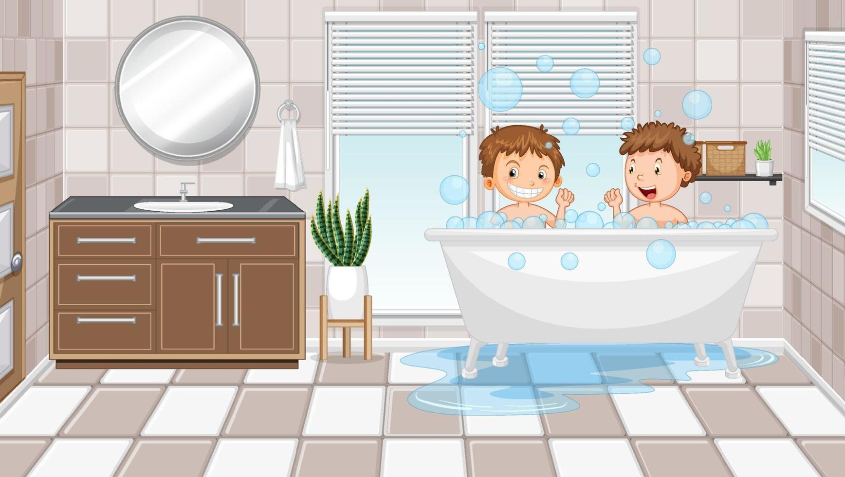 Happy kids playing bubbles in bathtub vector